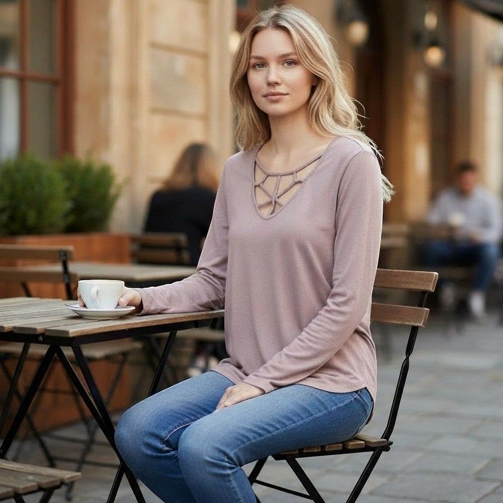 American Eagle Soft & Sexy Mauve Pink Strappy V-Neck Long Sleeve Top Small